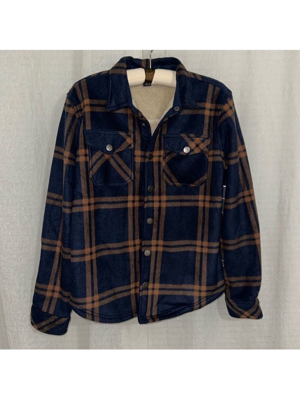 Eddie Bauer Boys XL Faux Shearling Lined Fleece Plaid Navy Brown Ivory Shacket